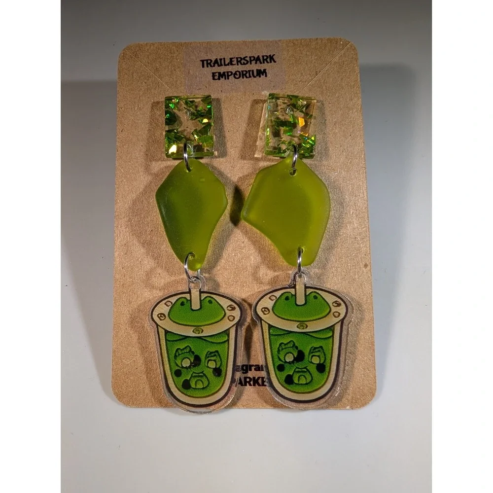 Trailerspark Emporium Frog Boba Tea Dangle Earrings Green Nickel Free Kawaii